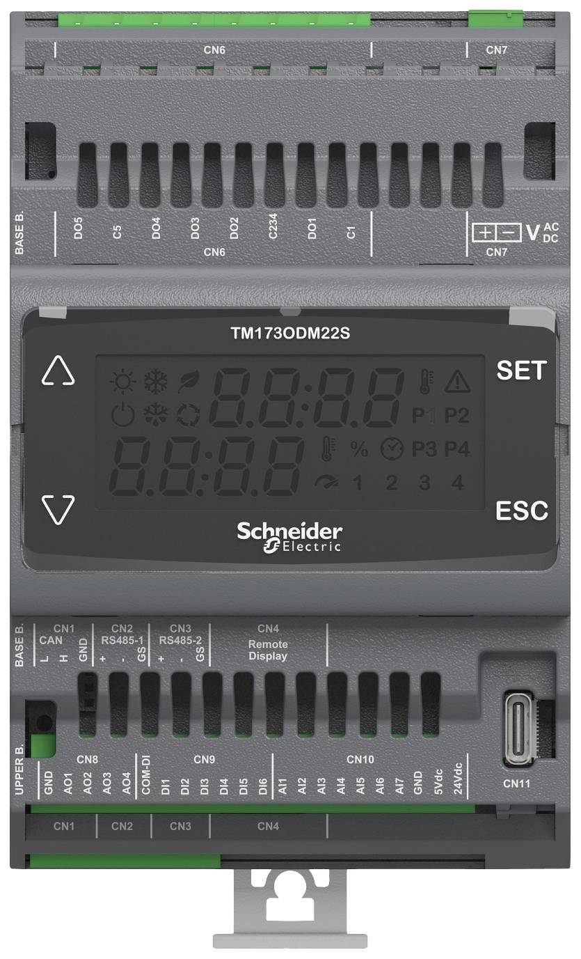 Een zwart elektrisch bedieningsapparaat met digitale weergave en knoppen 'SET' en 'ESC'. Gemarkeerd met 'Schneider Electric'.