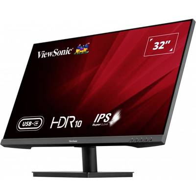 'ViewSonic 32"-monitor met USB-C, HDR10 en IPS-technologie. Scherm toont logo en specificaties op rode achtergrond.'