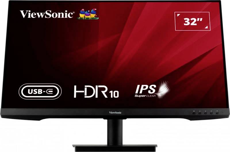 Een 32-inch monitor van ViewSonic met USB-C-aansluiting, HDR10-ondersteuning en IPS-technologie, op een zwarte voet.