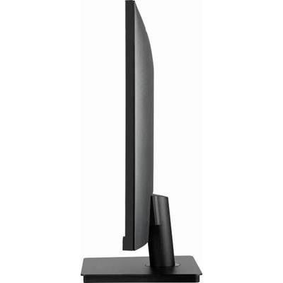 Een zwarte computermonitor in zijaanzicht, toont zijn slanke constructie.