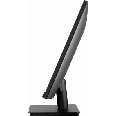 Zijaanzicht van een zwarte flatscreen-monitor op een rechthoekige standaard tegen een witte achtergrond.