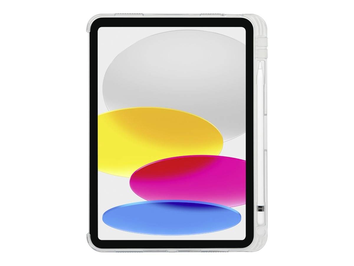 Een tablet met een wit behuizing toont een display met kleurrijke ovale vormen in geel, roze en blauw voor een grijze achtergrond.
