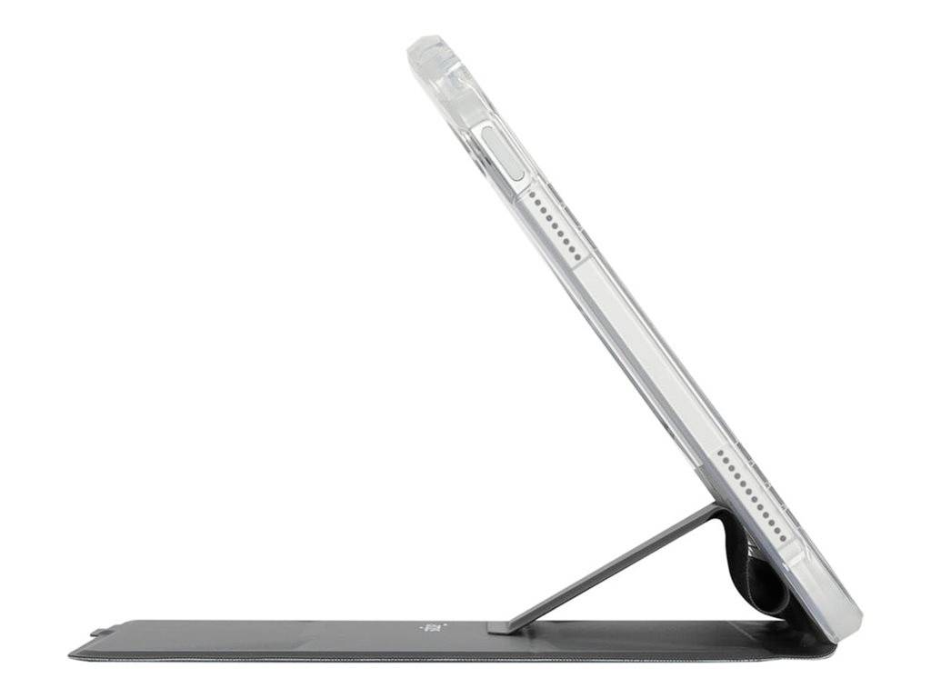 Tablet gezien van opzij, geplaatst op een dunne, zwarte standaard die het onder een lichte hoek ondersteunt.