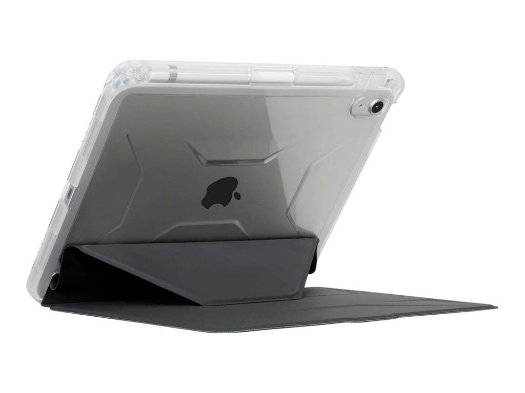 Tablet in liggende modus geplaatst in een zwarte beschermhoes. De achterkant van de tablet is zichtbaar en toont een merklogo.