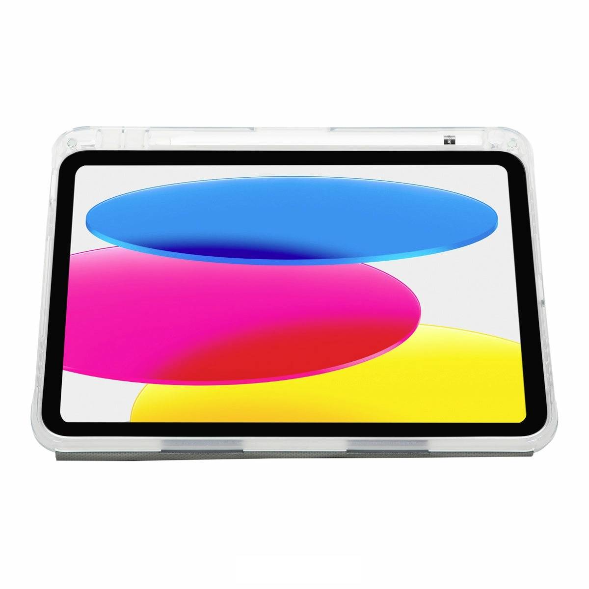 Een tablet met een helder scherm toont een abstract ontwerp met grote, overlappende, gekleurde ovalen in blauw, roze en geel.