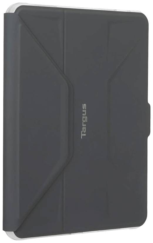 Beschermhoes voor een tablet, donkergrijs met het opschrift 'Targus' aan de voorkant, gesloten, minimalistisch ontworpen.