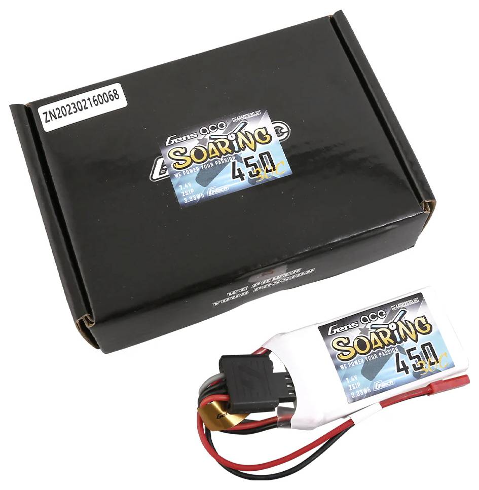 Een zwarte doos met het opschrift 'Soaring 450'. Ernaast ligt een witte LiPo-batterij met dezelfde specificaties.