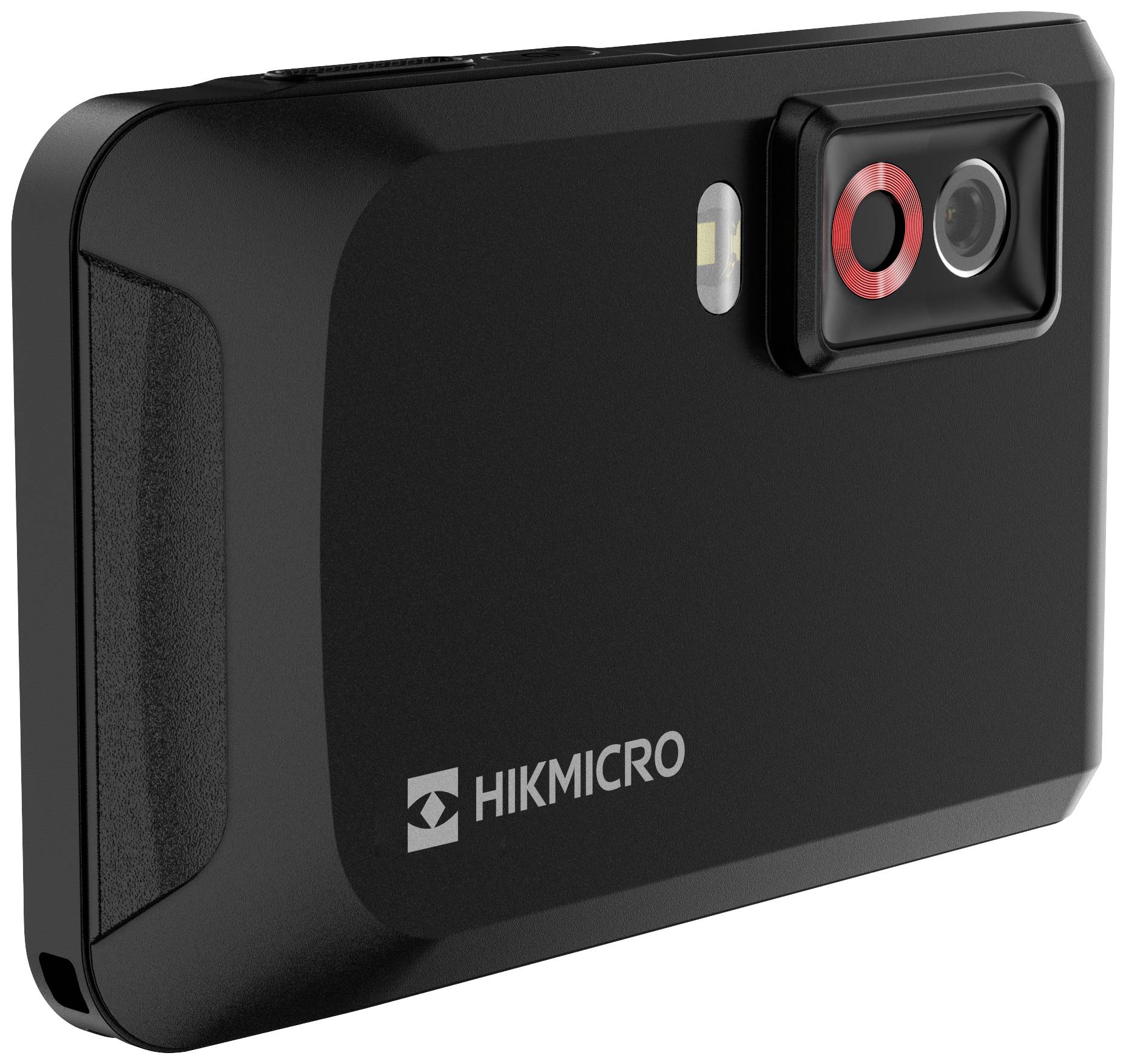 Een zwarte camera met het merklabel 'Hikmicro', uitgerust met een lens en een flits aan de voorkant.
