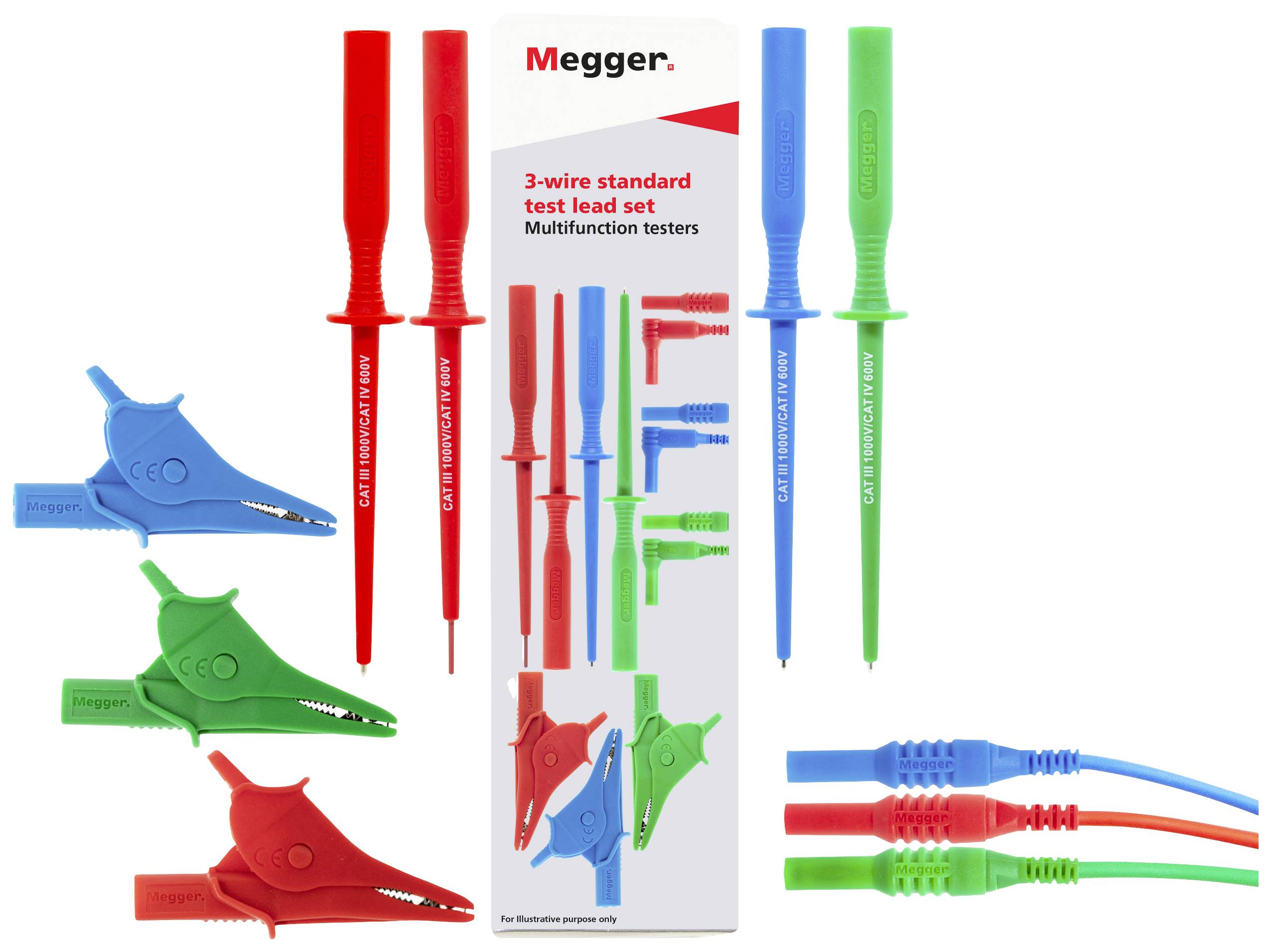Een set van drie meetpennen in rood, blauw en groen, samen met bijpassende klemmen en kabels, voor elektrische metingen. Verpakking van Megger.
