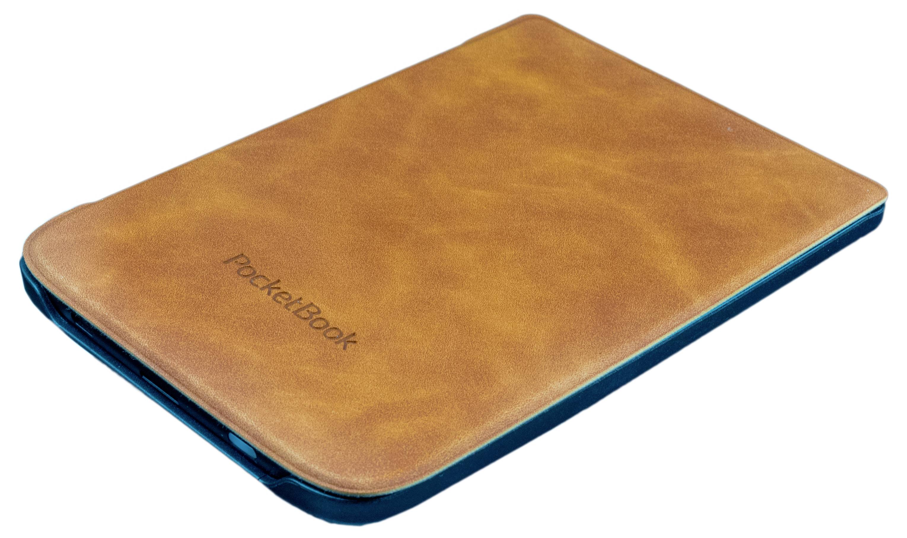 Een bruine lederen hoes met het opschrift 'PocketBook', die eruitziet als een etui voor een e-reader of tablet.