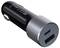 Zwart USB-autolader met twee aansluitingen, een USB-A- en een USB-C-poort, geschikt voor het opladen van elektronische apparaten.