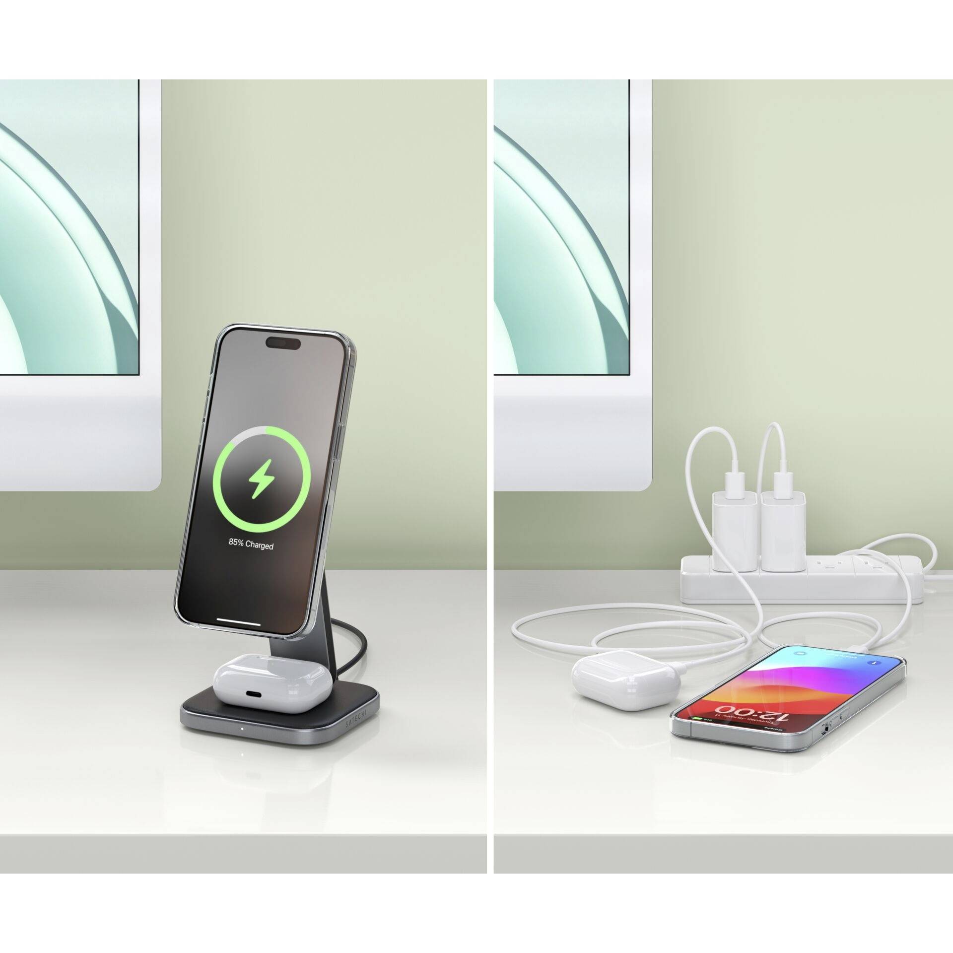 Een smartphone en koptelefoon worden draadloos opgeladen, terwijl een andere smartphone via een kabel wordt opgeladen.