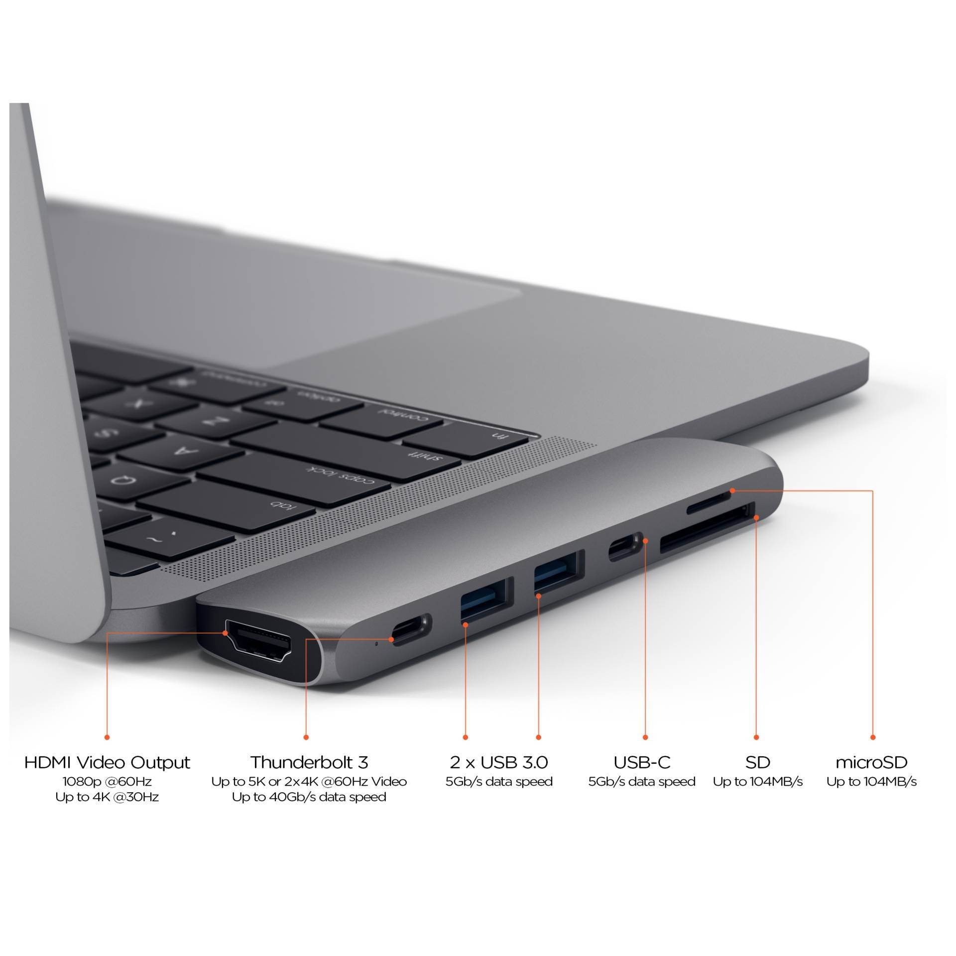 Een laptop met verschillende aansluitingen: HDMI, Thunderbolt 3, 2x USB 3.0, USB-C, SD-kaartlezer en microSD-kaartlezer.