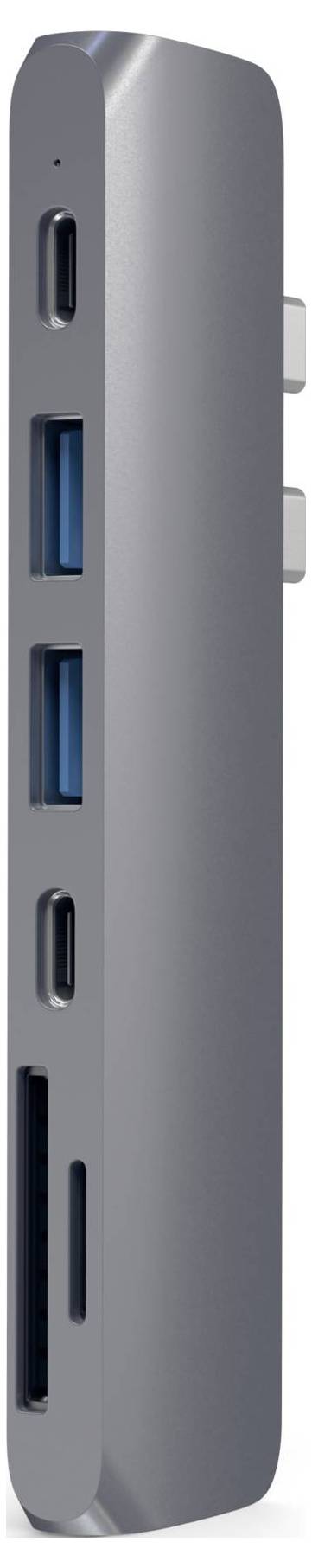 Een zilveren USB-hub met meerdere aansluitingen, waaronder USB-C, USB-A en een SD-kaartslot, ter uitbreiding van de connectiviteit.