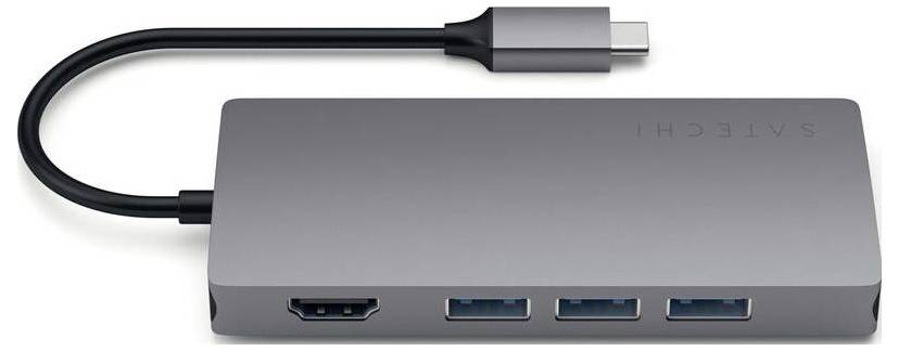Een grijze USB-C-hub met een HDMI-aansluiting, drie USB-poorten en een kort kabel. Ideaal voor laptopverbindingen.