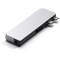 Zilveren USB-C-hub met meerdere poorten, inclusief USB-A, SD-kaartlezer en HDMI, geschikt voor laptops of tablets.