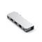 Zilveren adapter met twee USB-A-poorten en HDMI-aansluiting, gebruikt voor het uitbreiden van aansluitopties op elektronische apparaten.