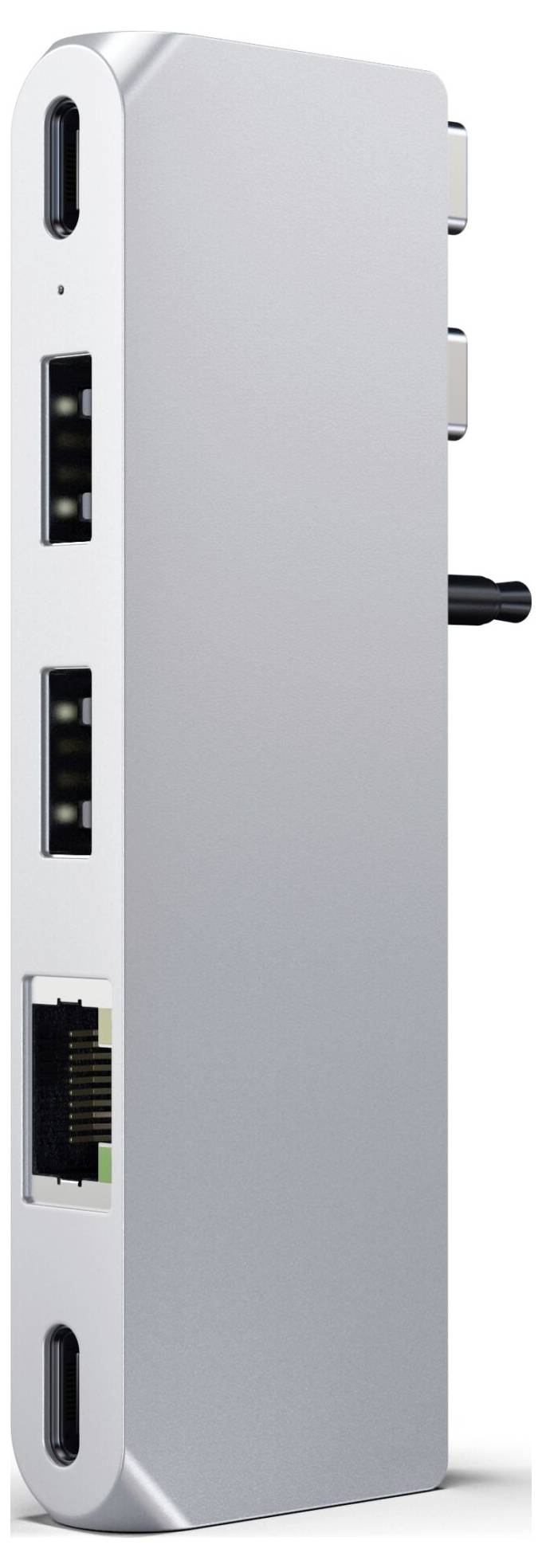 Een zilveren USB-C-hub met meerdere aansluitingen: twee USB-A, een Ethernet-poort en twee USB-C-aansluitingen.