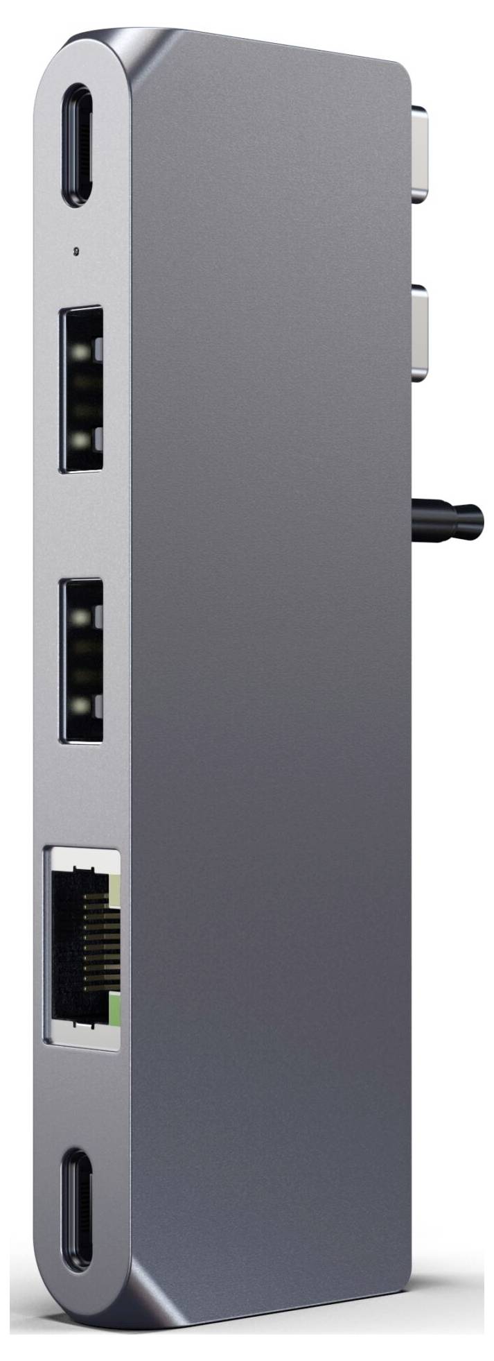 Een grijze USB-C-hub met meerdere aansluitingen: twee USB-A-poorten, een netwerkkabelaansluiting en twee USB-C-poorten.