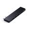 Een slanke, zwarte USB-C-hub met meerdere poorten, waaronder USB-A, HDMI en een SD-kaartlezer. Ideaal voor laptops.
