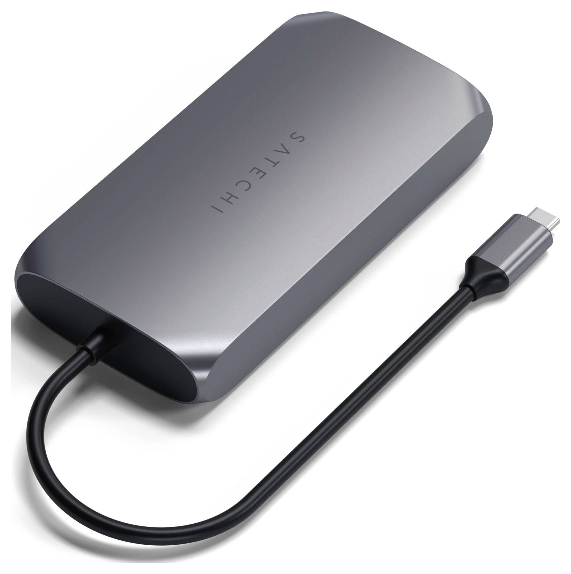 Een donkergrijs, compact USB-C-dockingapparaat met Satechi-logo. Bevat meerdere aansluitingen en een geïntegreerde USB-C-kabel.