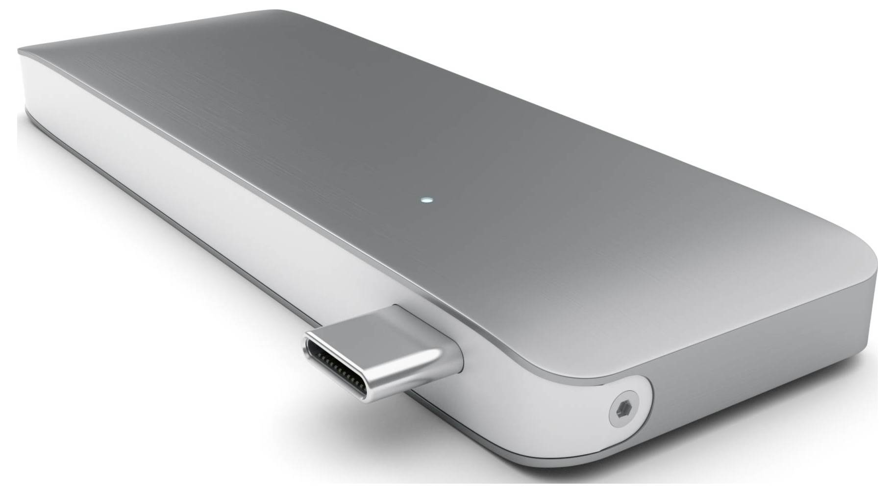 Slanke zilveren dockingstation met HDMI-aansluiting en LED-indicatie, geschikt voor laptopuitbreiding.