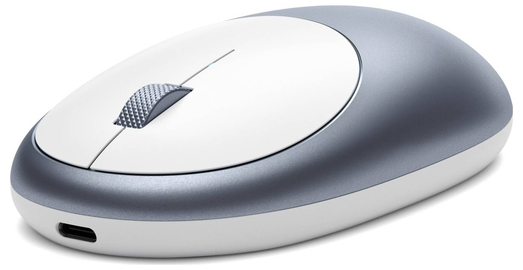 Draadloze, ergonomische computermuis in zilver en wit, liggend op zijn zij. Duidelijk zichtbaar scrollwiel en USB-C-aansluiting.
