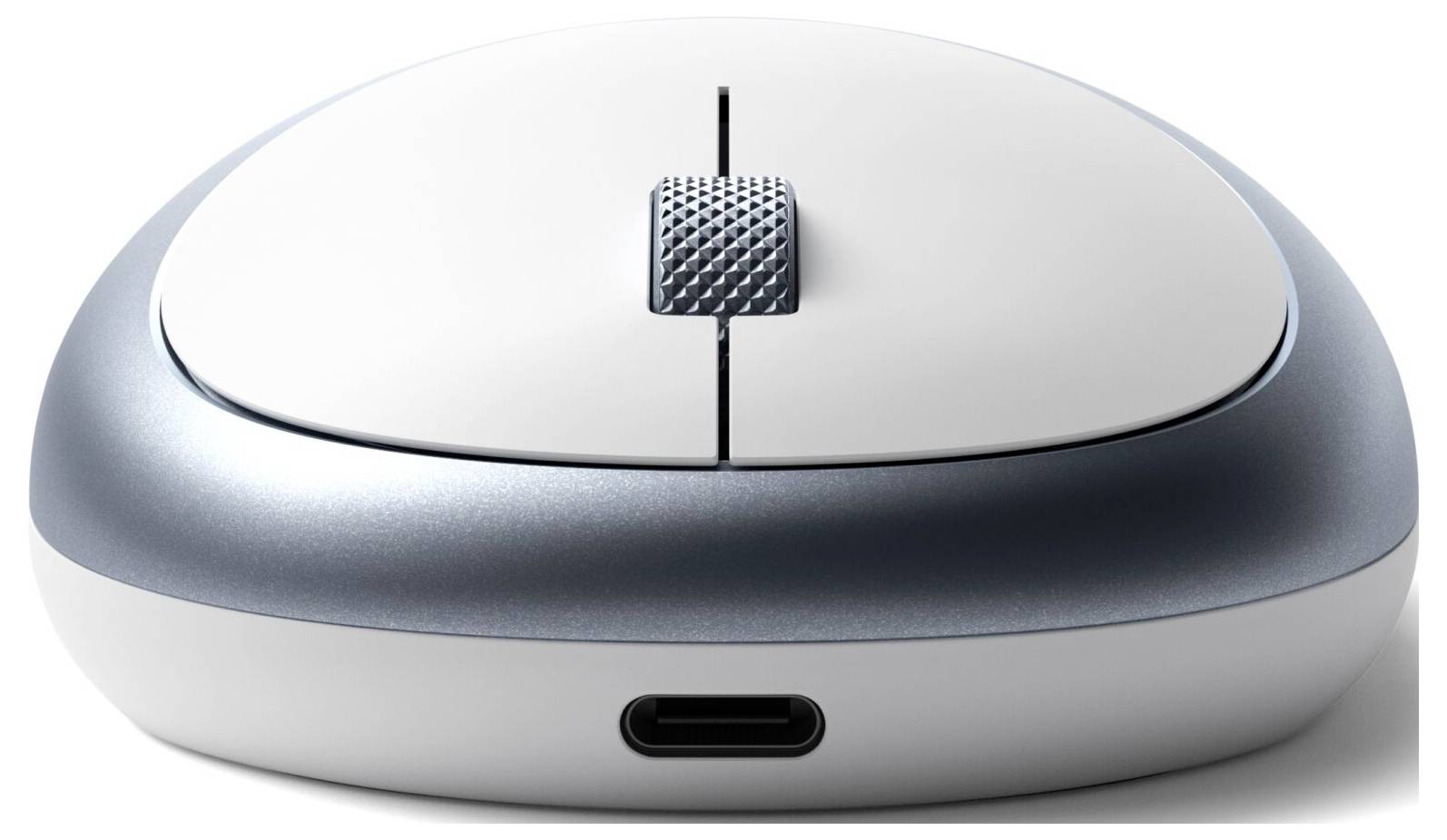 Witte computermuis met een grijs scrollwiel en een USB-C-aansluiting aan de voorkant.