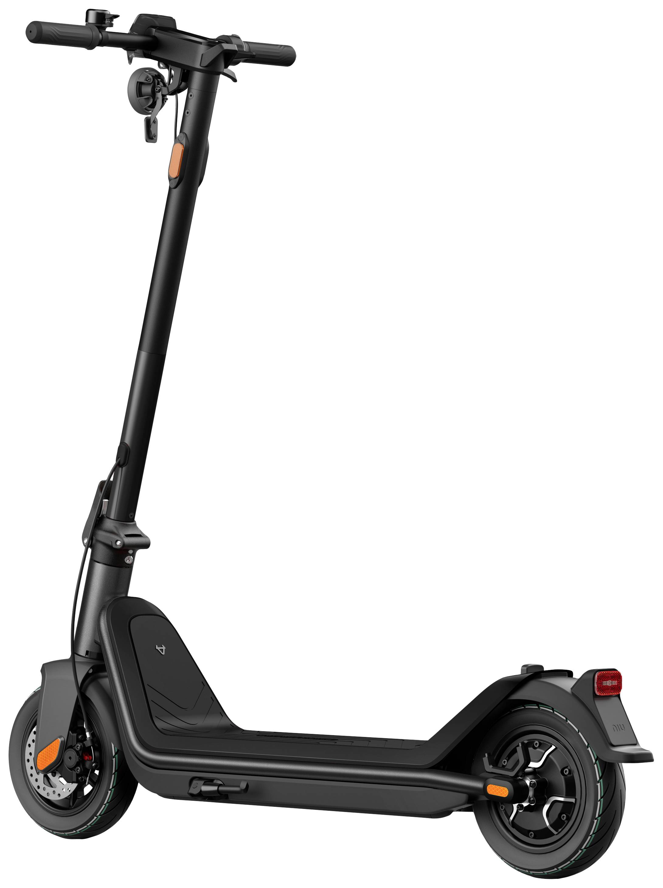 Een zwarte elektrische scooter met een stevig frame, twee wielen en een stuur, geschikt voor stedelijk vervoer.