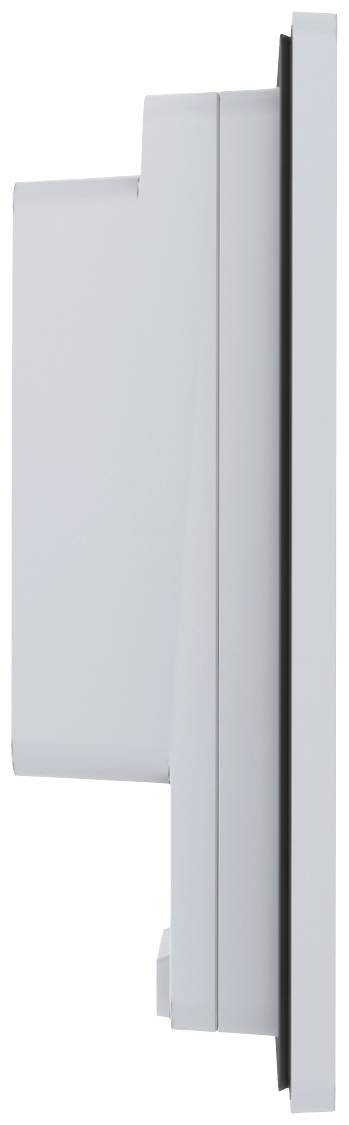 Zijaanzicht van een grijs, plat elektronisch apparaat met een rechthoekige behuizing.