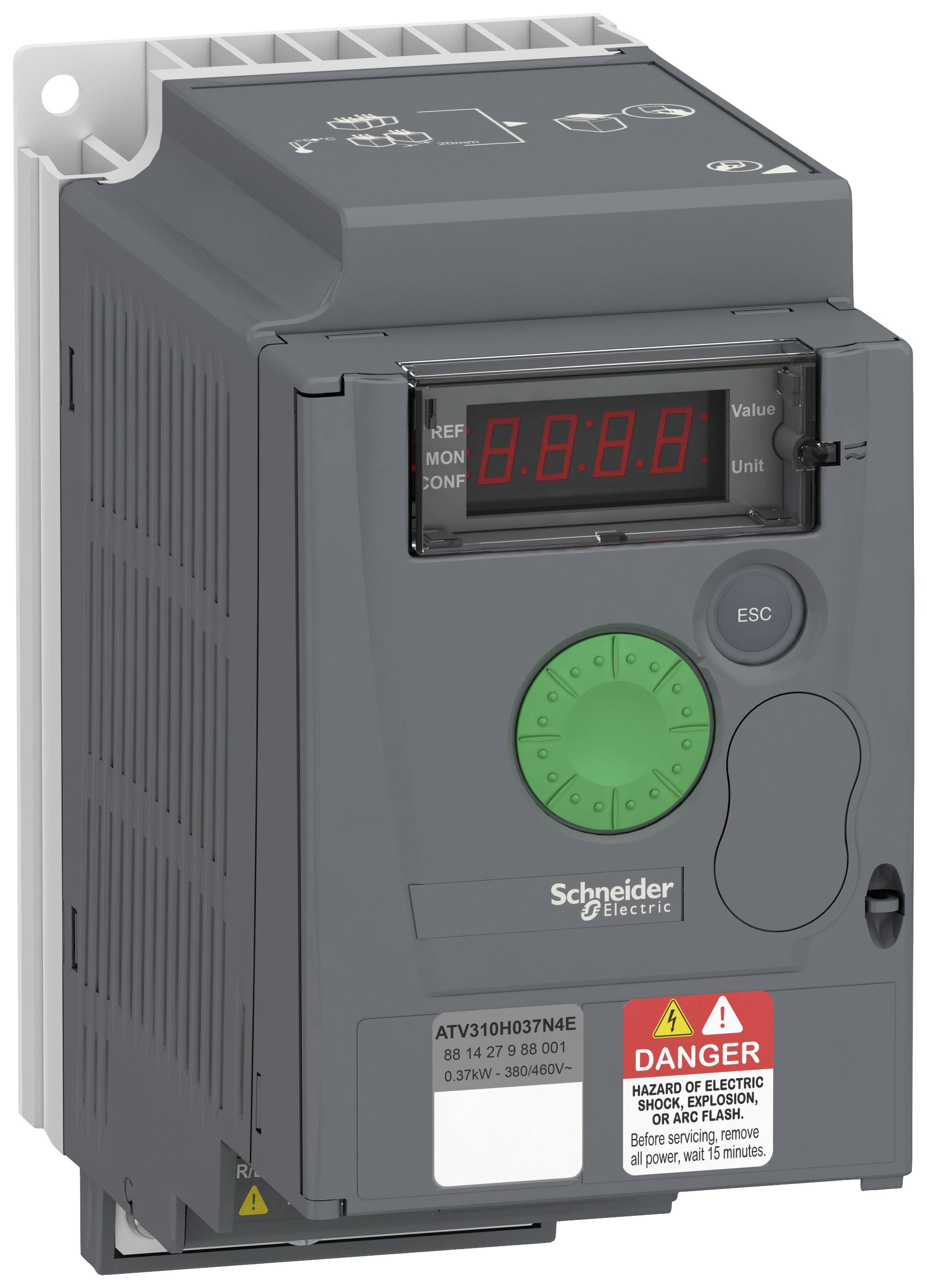 Een frequentieomvormer van Schneider Electric met digitaal display en bedieningsknop, gebruikt voor het regelen van elektromotoren.