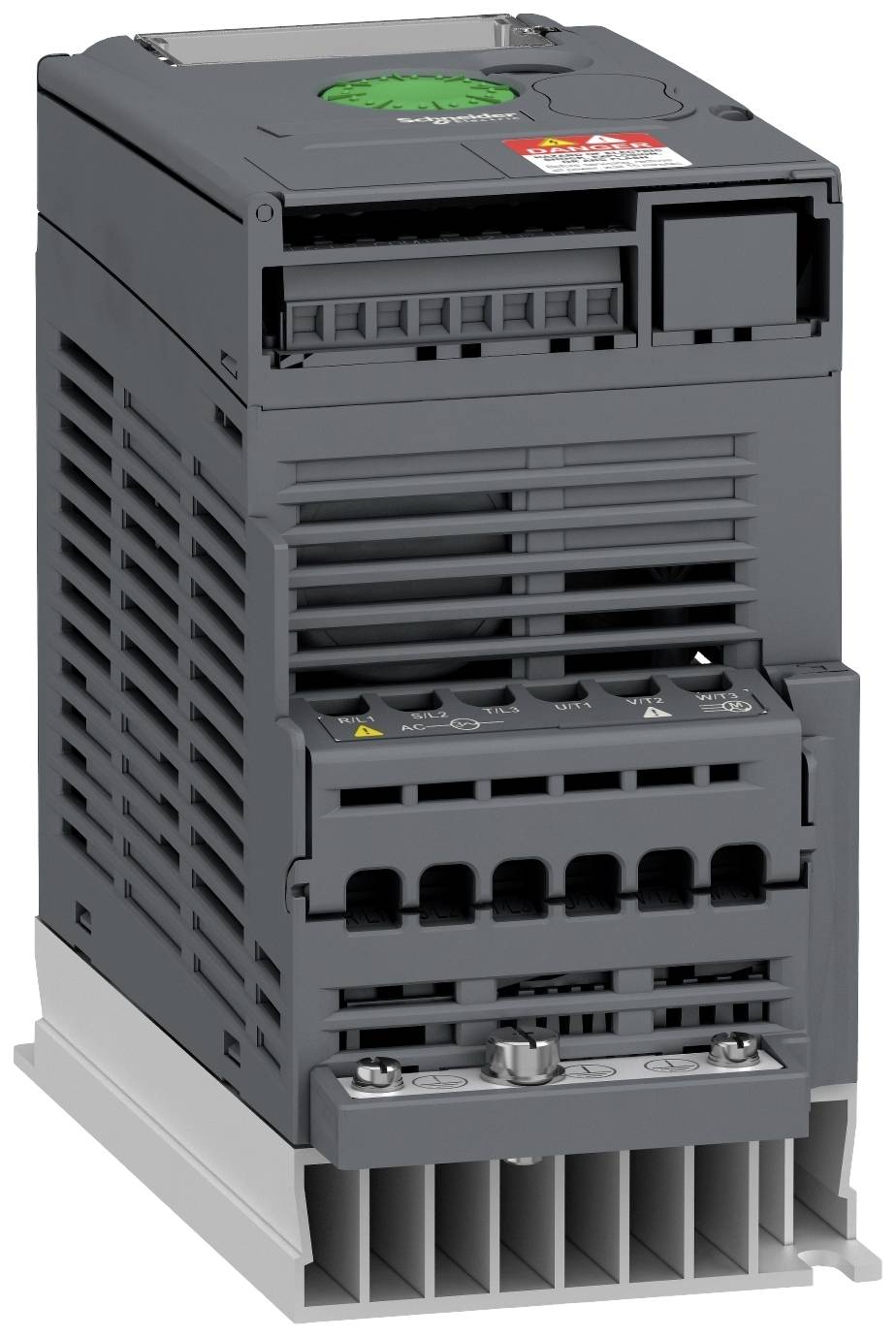 Een grijze frequentieomvormer met ventilatiesleuven, aansluitingen en veiligheidskentekens.