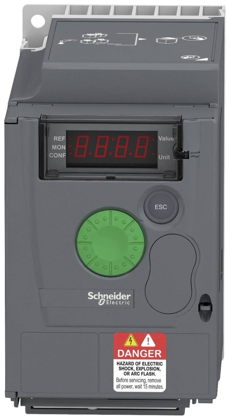 Een frequentieomvormer van Schneider Electric met digitale display en draaiknop voor bediening. Waarschuwing: 'Gevaar voor elektrische schok'.