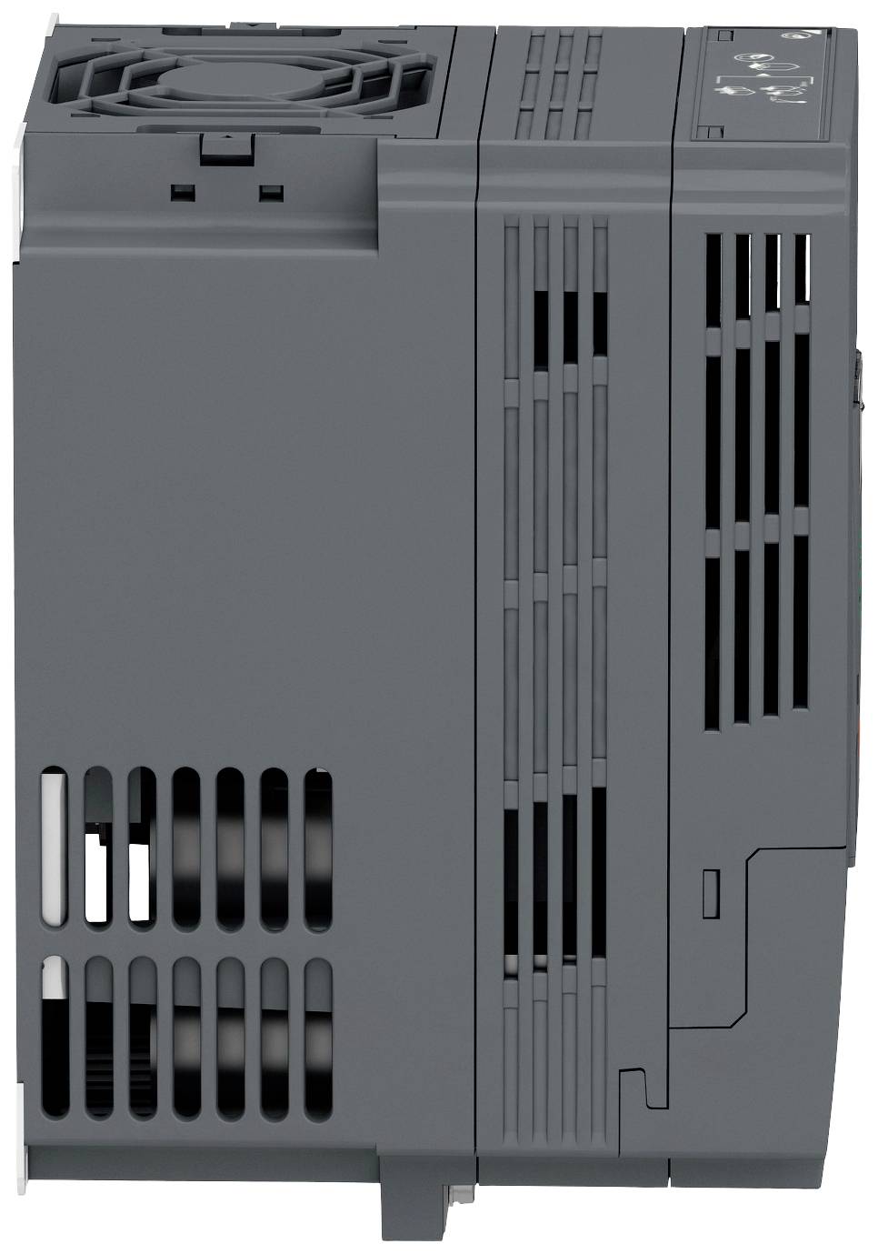 Een grijskleurig elektronisch apparaat, waarschijnlijk een frequentieomvormer, met ventilatiesleuven en aansluitingen aan de bovenkant.