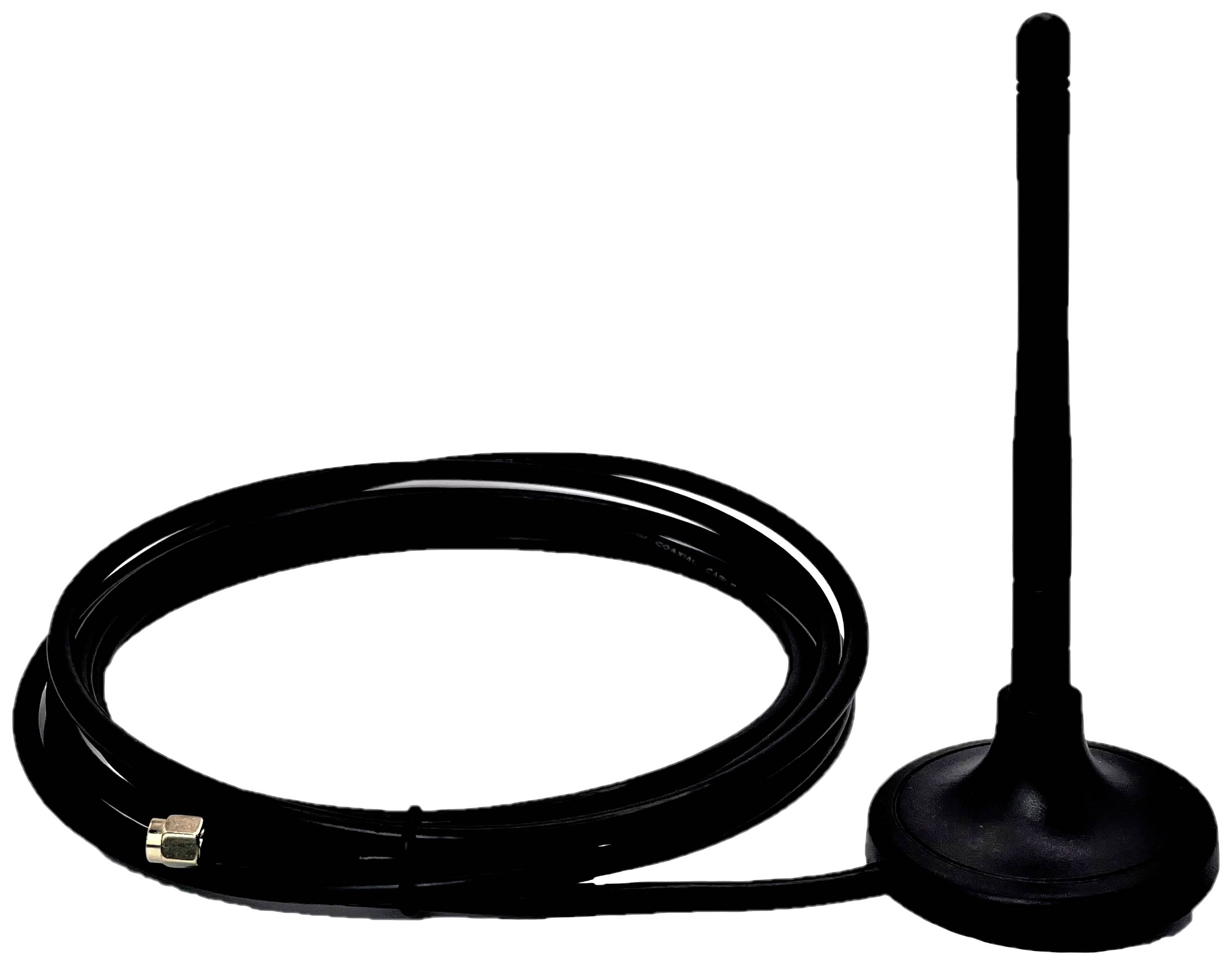 Zwarte staafantenne met magnetische voet en lang kabel, geschikt voor draadloze ontvangst.