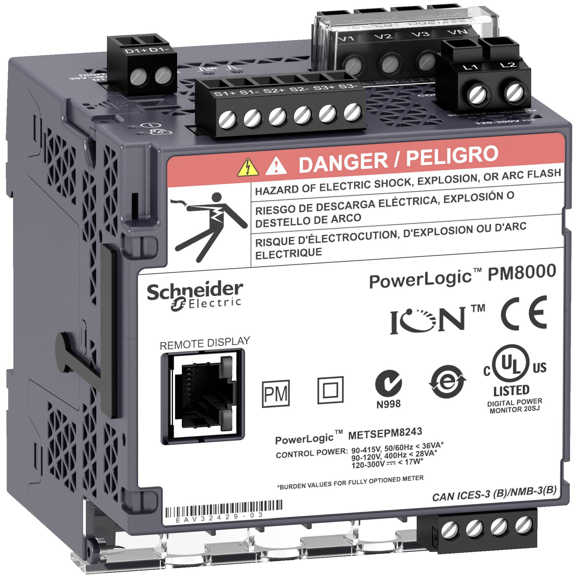 Een grijs elektrisch apparaat met de waarschuwing 'Danger/Peligro', dat waarschuwt voor elektrische schok en ontploffingsgevaar. Fabrikant: Schneider Electric.
