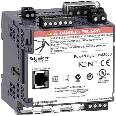 Een grijs elektrisch apparaat met de waarschuwing 'Danger/Peligro', dat waarschuwt voor elektrische schok en ontploffingsgevaar. Fabrikant: Schneider Electric.