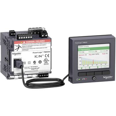 Een digitaal meetapparaat toont energieverbruiksgegevens met gekleurde balken op een display. Links naast het display bevindt zich het hoofdapparaat.