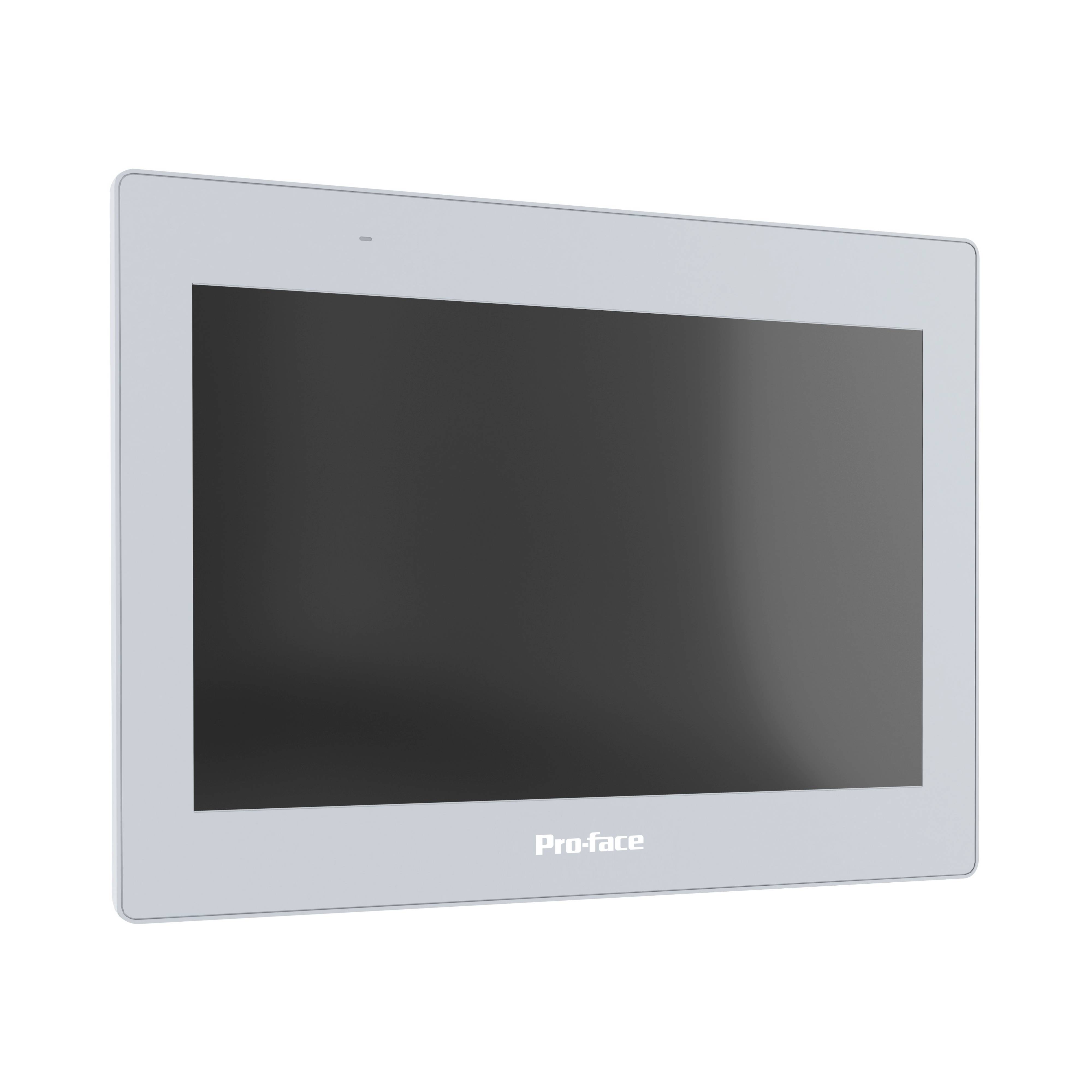 Industrieel touchscreen-paneel: rechthoekig scherm, grijze rand, zwart display, merknaam 'Pro-face' onderaan.