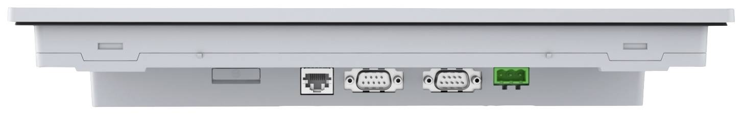 Achteraanzicht van een apparaat met meerdere aansluitingen: twee seriële poorten, een USB-poort en een extra groene aansluiting.