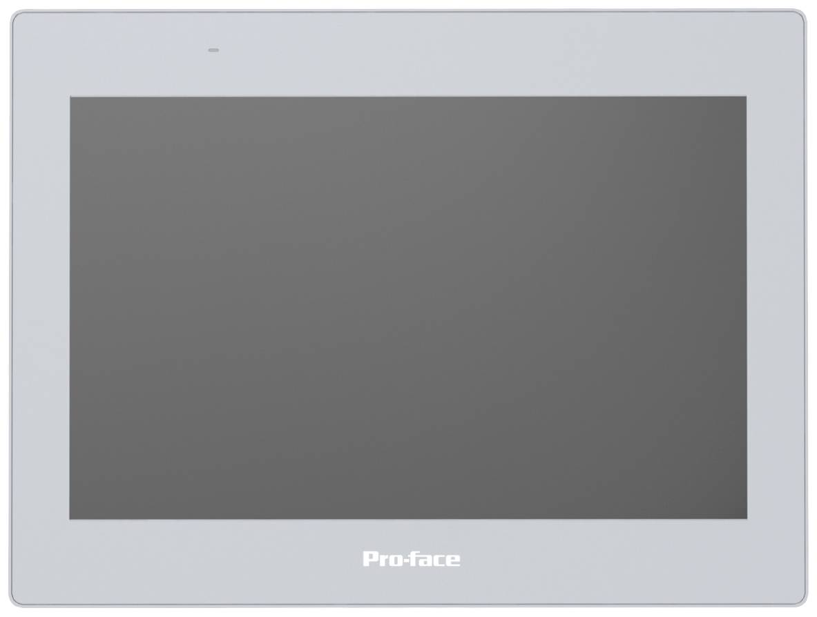 Een touchscreen-paneel met het opschrift 'Pro-face' aan de onderkant, gemonteerd op een witte rand.
