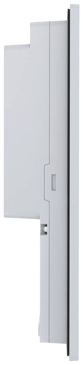 Zijaanzicht van een plat, rechthoekig apparaat aan de muur bevestigd, zonder zichtbare details of kabels.