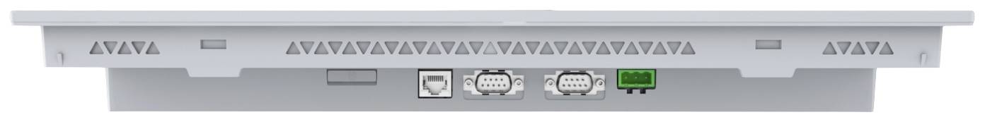 Aanzicht van de achterkant van een elektronisch apparaat met drie aansluitingen: één Ethernet-poort en twee ronde poorten naast elkaar.