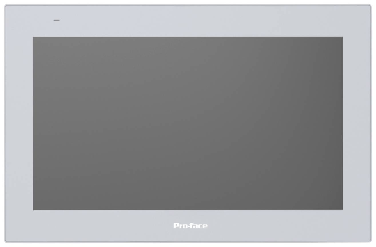 Monitor met grijze rand en zwart scherm, merk 'Pro-face'.