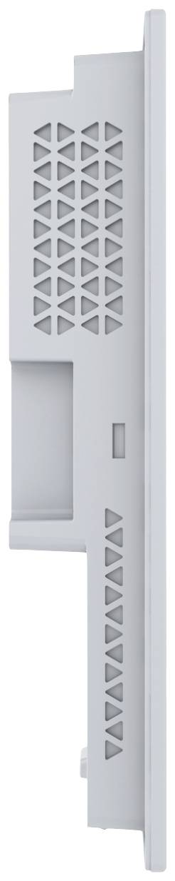 Zijaanzicht van een grijs, rechthoekig kunststof onderdeel met ventilatiesleuven en een uitsparing in het midden.