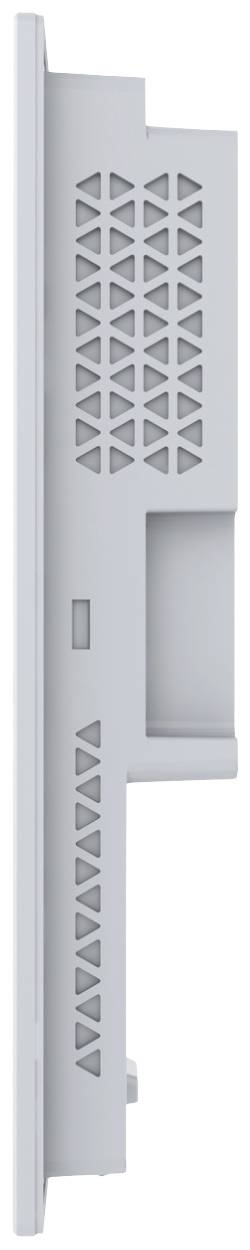 Zijaanzicht van een grijze computer met ventilatiesleuven en een rechthoekig aansluitvak, modern design.