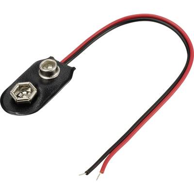 9-Volt-batterijclip met zwarte kunststof houder, rode en zwarte draden voor aansluiting op elektronische apparaten.