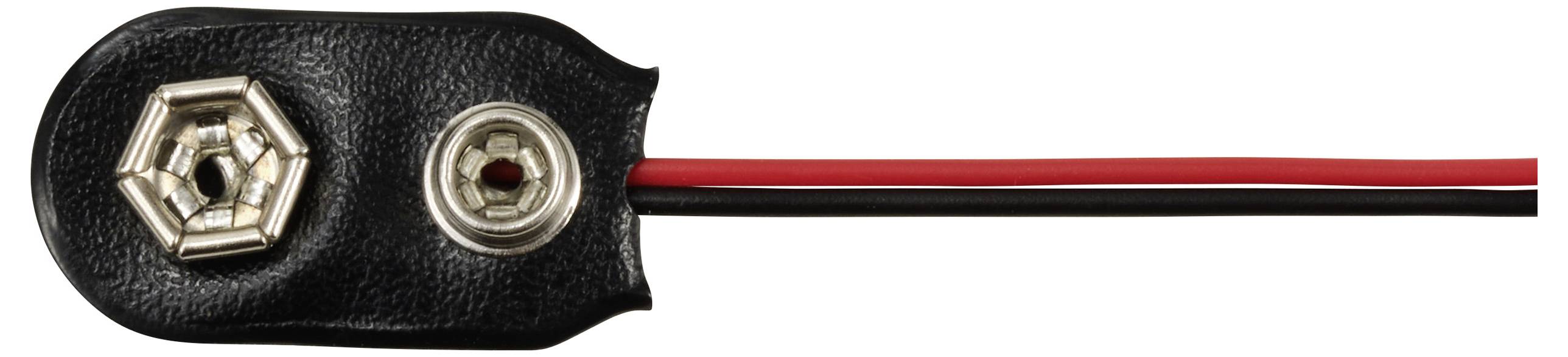 9V-batterijclip met zwart en rood kabel, voor het aansluiten van een 9V-batterij op elektronische apparaten.