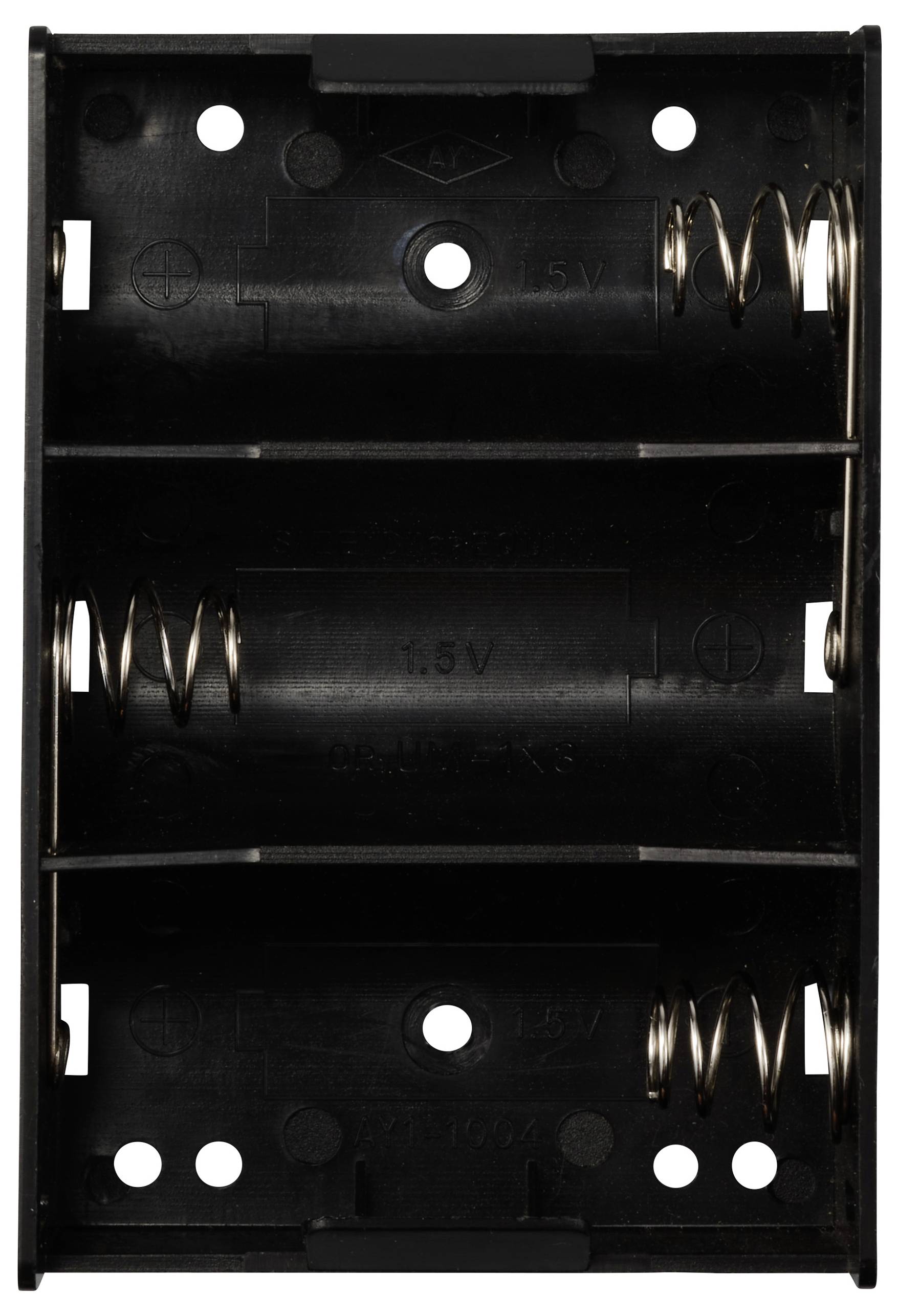 Zwart batterijhouderbehuizing voor twee AA-batterijen met metalen contacten en veren voor een veilige aansluiting in elektronische apparaten.