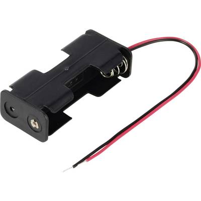 Zwarte batterijhouder voor een AA-batterij met rood en zwart kabel voor aansluiting op elektrische componenten.